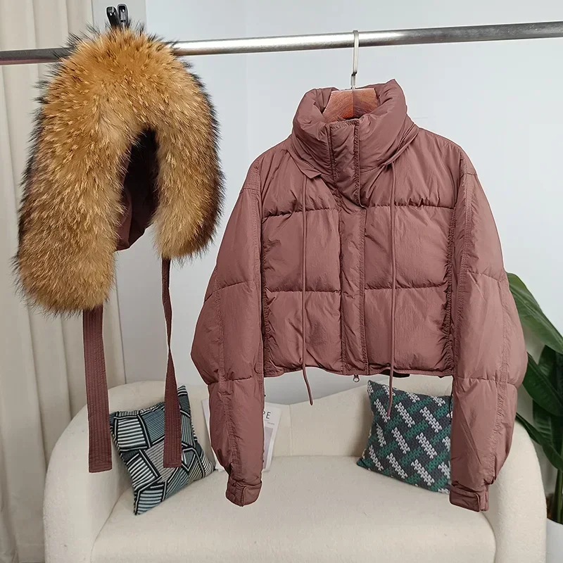 MENINA BONITA 2023 Thick Warm Duck Down Winter Jacket Women Real Fox Fur Raccoon Fur Collar Hooded Loose Streetwear Detachable