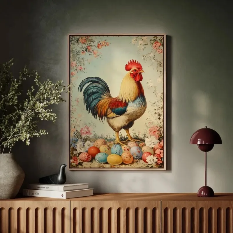 Rustikaler Hahn und bunte Ostereier – Bauernhaus-Tier-Wandkunst-Poster für Vintage-Dekor-Poster