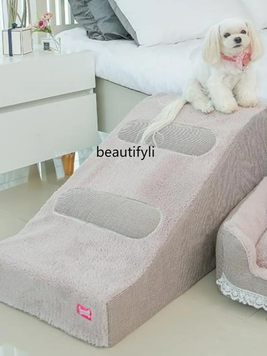 Pet Dog Plush Plaid Bed Stairs Ramp Ladder