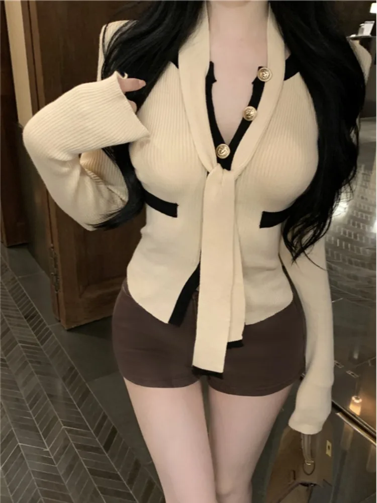 

Ele Long Sve Knitted Sweater Women's Faion Design Sense Slit High Waist Belted Autumn Winter Korean Sle Slim Fit