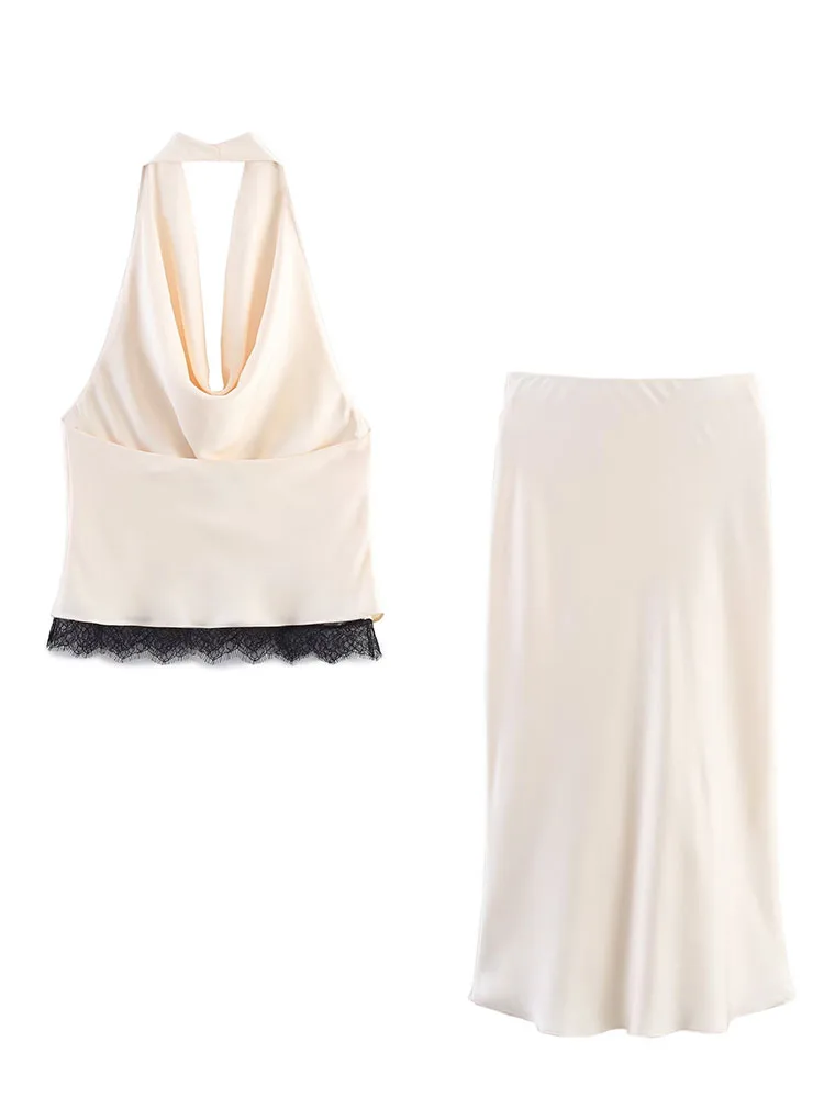 Hh feminino renda emendada saia terno verão moda sexy sem costas pescoço halter colete superior + cintura média assimetria elegante saia longa