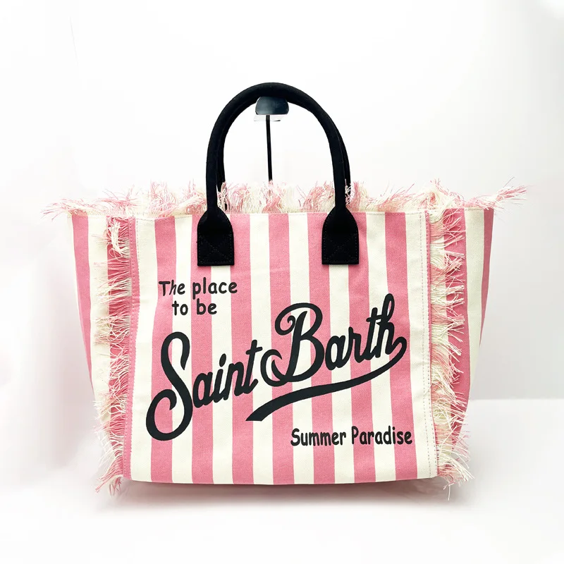 SAINT BARTH New women's large capacity casual travel canvas striped handmade tassel handbag tote bag