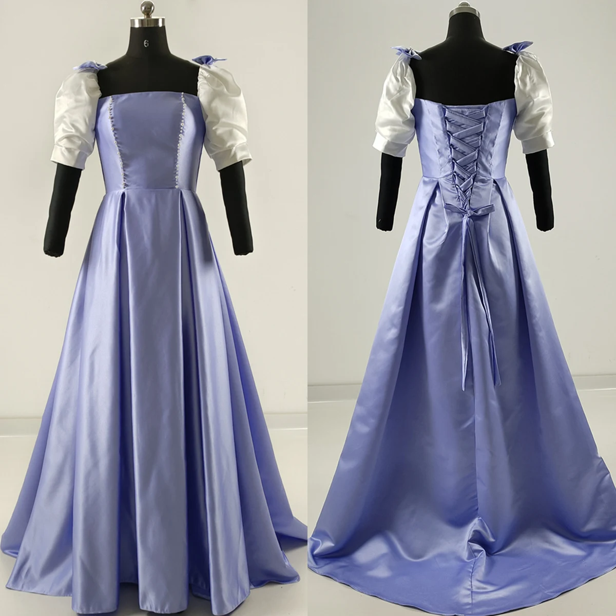 

Real Photo Evening Dress Blue Satin Square Collar Short Puffy Sleeves Beads Bow A-line Floor-length Plus size Party Formal Gown