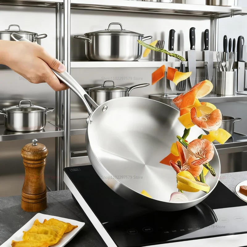 Juego de sartenes de acero inoxidable 316 sin recubrimiento, sartén Wok antiadherente, utensilios para cocinas de inducción de Gas, cocina al aire libre para acampar