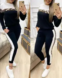 Fashion Two Piece Set Women Outfit 2024 Autumn Cheetah Print Colorblock Long Sleeve Round Neck Top & Casual Sweatpants Set