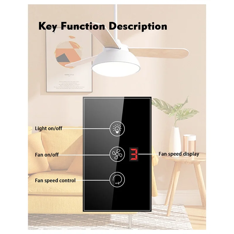 

ATE4-3-In-1 Switch Switch Tuya Wifi Alexa Google Home Fan Light Boiler Standard Water Heater Touch US Plug