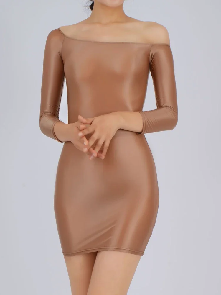 Vestidos brillantes al óleo de Color caramelo, mangas largas con hombros descubiertos, falda sexi ultracorta a la cadera, minivestido ajustado de alta elasticidad