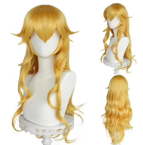 Synthetische 28 Zoll Lange Flauschige Wellenförmige Goldgelbe Anime Cosplay Perücke Mit Pony Für Frauen Weibliche Halloween Party Kostüm Prinzessin