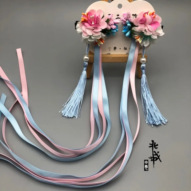 Silk Flower Satin Ribbon Hair Clips with Long Streamers for Girls Ancient Chinese Style Hair Accessories Traditional Events Gift