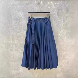 Small minimalist style pleated wash denim design strong A line big swing thin skirt skirt