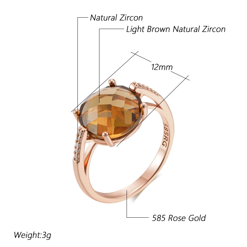 Kinel Fashion Round Light Brown Natural Zircon Bride Ring for Women Simple 585 Rose Gold Color High Quality Daily Jewelry