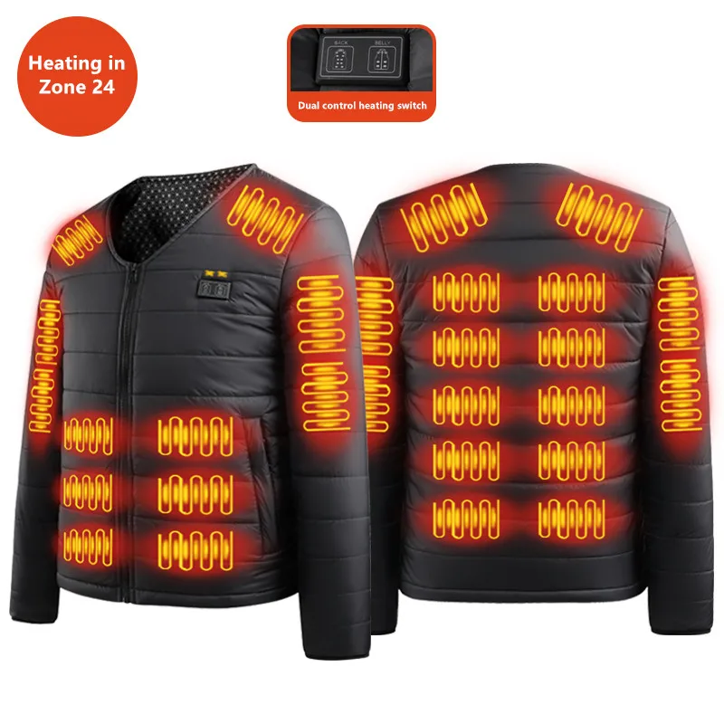 New Men'S Fashion Casual Winter Heated Long Sleeved Cotton Jacket With Usb Smart 24 Zone Heating Warmth Coat (No Power Bank)