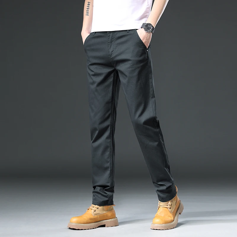 97% Cotton Spring Summer Fashion Straight Men Casual Pants Embroidery Male Trousers Stretch Men\'s Clothes Khaki Plus Size 40