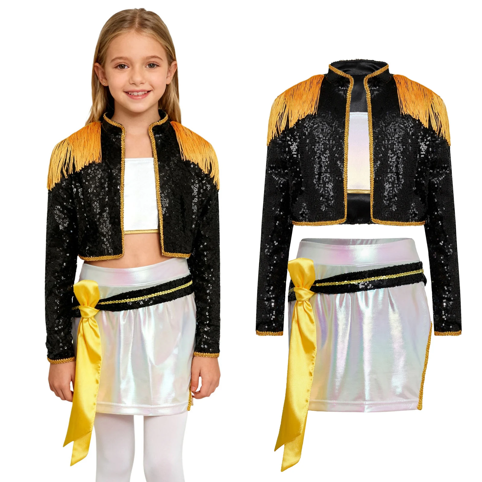 

Kids Girls 4 Piece Gothic Concert Singer Outfit Set Sparkly Sequins Tassel Outwear+Crop Top+Skirt+Ribbon Halloween Demon Costume