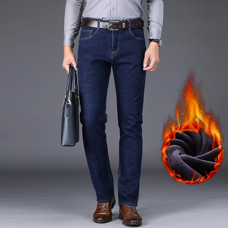 High Quality Winter Warm Fleece Men's Jeans Stretch Solid Color Business Denim Pants Work Straight Trousers Male Plus Size 28-40