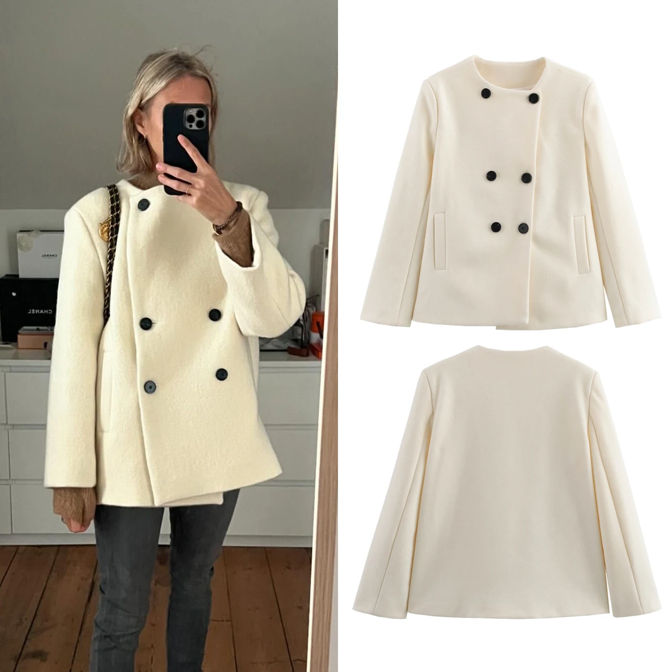 Taop&Za women's 2024 autumn and winter new item beige woolen thick coat round neck irregular double breasted short jacket top