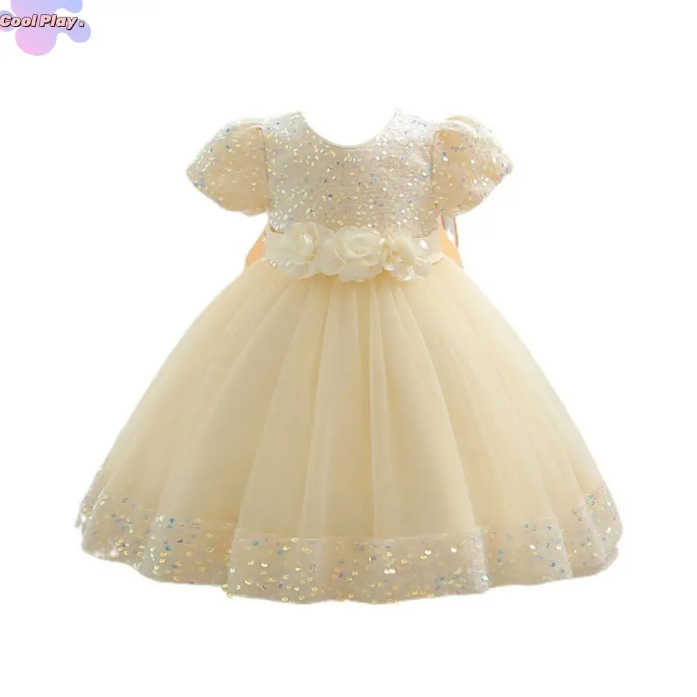 

Elegant Puff Sleeve Girls Princess Evening Dress Flower Bowknot Children Tulle Dress Shiny Glitter Sweet Summer Lace Dress Party