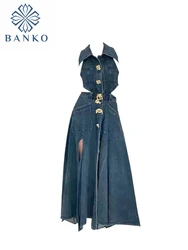 2024 Women Spring Summer Sleeveless Dress Denim Outfits Backless Single-breasted Vestidos Vintage One-Piece Clothing Design Tide