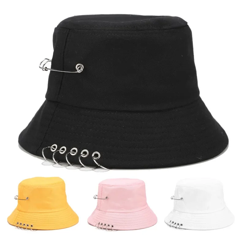 

Punk Five-ring Pin Fisherman Hat Unisex Hat Spring and Summer Simple Solid Color Sun Hat Panama Foldable Sunscreen for Travel