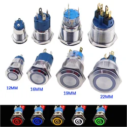 12/16/19/22mm Wasserdichte Metall Druckschalter LED Licht Momentary Rast Auto Motor Netzschalter 5V 12V 24V 220V Rot Blau