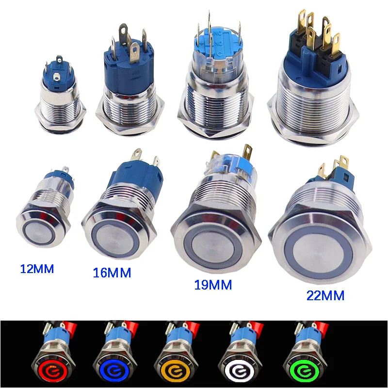 12/16/19/22mm Waterproof Metal Push Button Switch LED Light Momentary Latching Car Engine Power Switch 5V 12V 24V 220V Red Blue