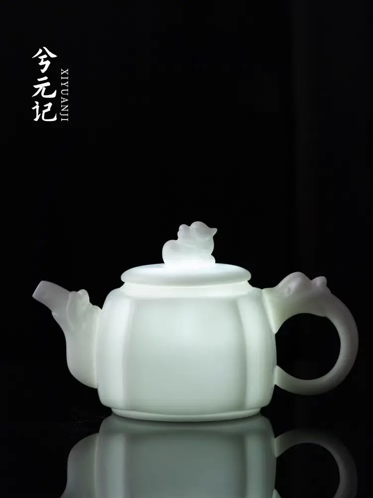

Plainly glazed ice-type jade porcelain square dragon teapot, ceramic teapot, single household tea brewing teapot, Chinese-style