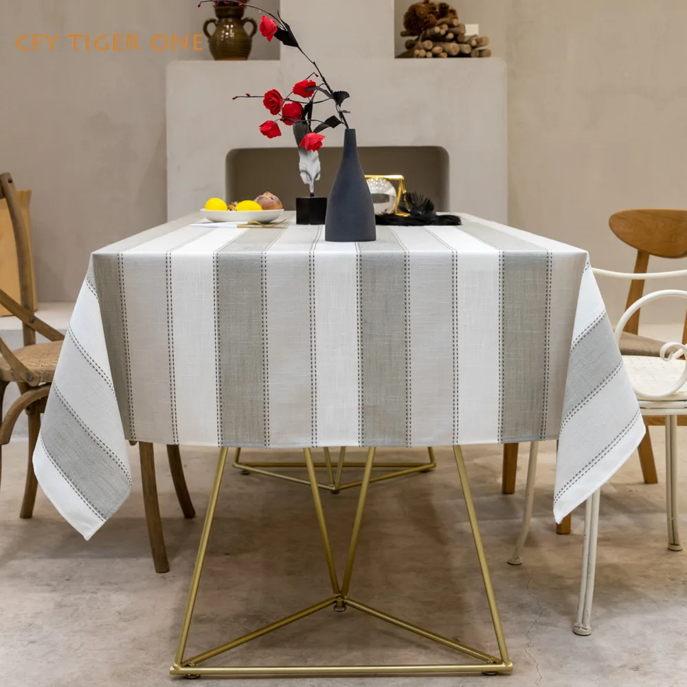 Cotton Linen European Style Striped Tablecloth  Antifouling Rectangular Tablecloth Oil Resistant Coffee Table Mat Table Cover