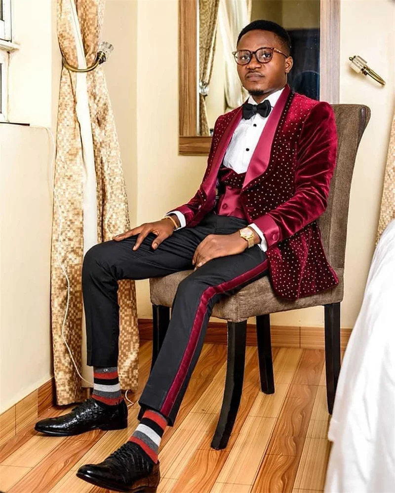 

Red Velvet Crystals Men Suit Set 2 Pcs Blazer+Black Cotton Pant Trouser Wedding Tuxedos Formal Office Jacket Coat Customized