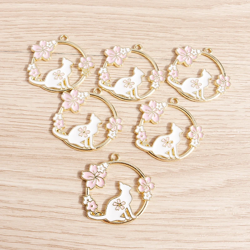 Tusember 10 Stück niedliche Emaille-Anhänger mit rosa Blumen-Katzen-Motiv für die Schmuckherstellung, Ohrringe, Halsketten, handgefertigte Accessoires – Detail 6