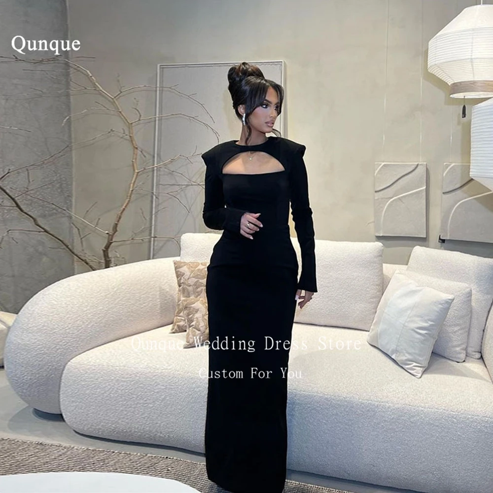 

Qunque Black Satin Evening Dress Detachable Shawl Mermaid Wedding Dress Customized Long Sleeves Ankle-Length Vestidos De Fiesta