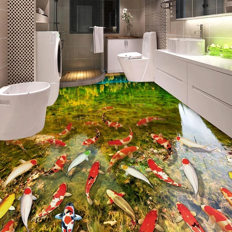 カスタムフロア用自己粘着ステッカー壁画-3d湖の魚-キッチン-バスルーム-フロア-壁紙-防水装飾