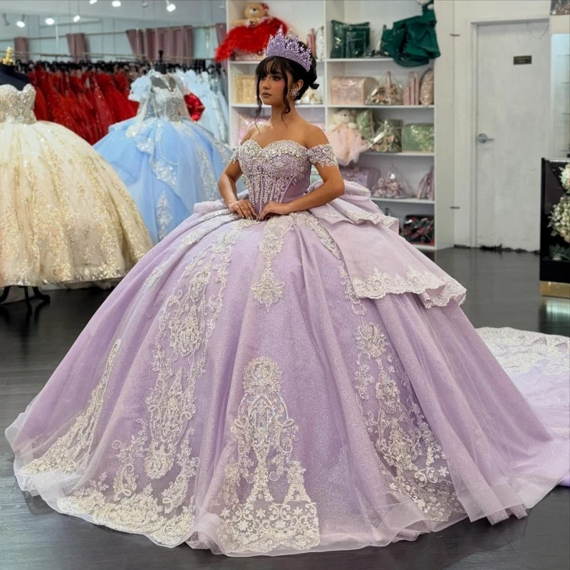 

Lilac Shiny Quinceanera Dresses Off The Shoulder Applique Lace Beading Crystal Bow Tull Corset Party Birthday Sweet 16 Dress