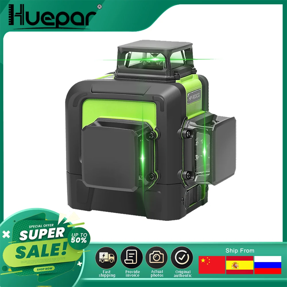 Huepar 12 Lines 3D Cross Line Laser Level with Osram Green Laser Beam Self-Leveling 360 Vertical and Horizontal Cross Powerful