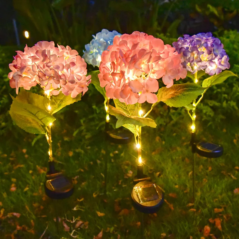 2pcs LED Solar Powered Big Head Hydrangea Flower Light Outdoor Garden Lawn Decoration Ambient Light Purple Pink Yellow Flower