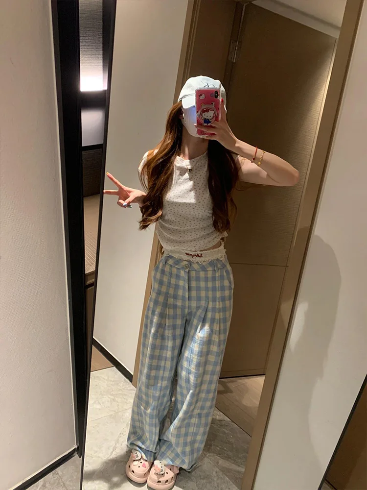 Blue Plaid Wide Leg Pants Women's Summer Thin Casual Drapey Slimming Small Size Straight Leg Trousers High Waist Loose Fit