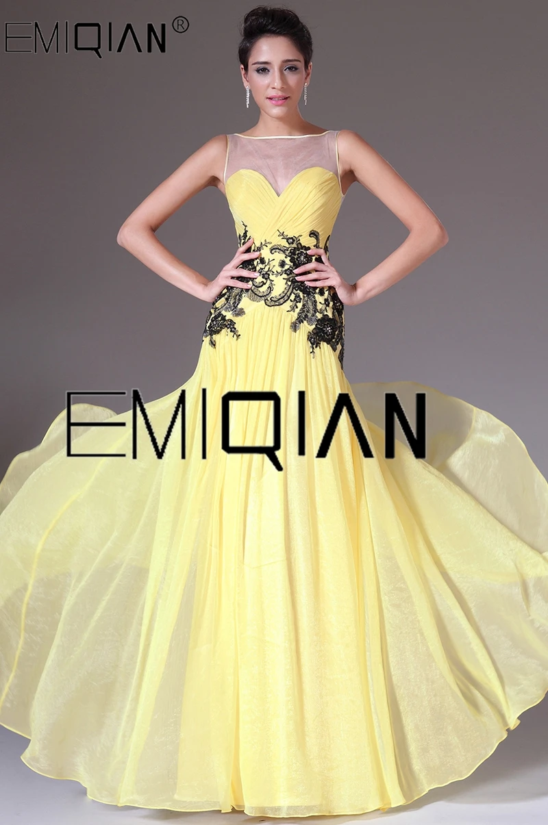 New Yellow Chiffon Sheer Top A-Line Illusion Sweetheart Neck Black Appliques Prom Dress