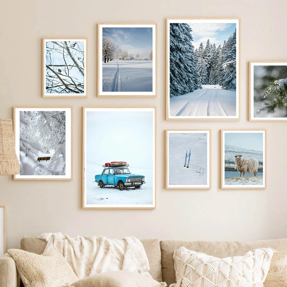 

Winter Snow Art Poster Deer Pine Bird Sheep Cart Printable Wall Art Canvas Painting Nordic Poster Home Living Room Decor