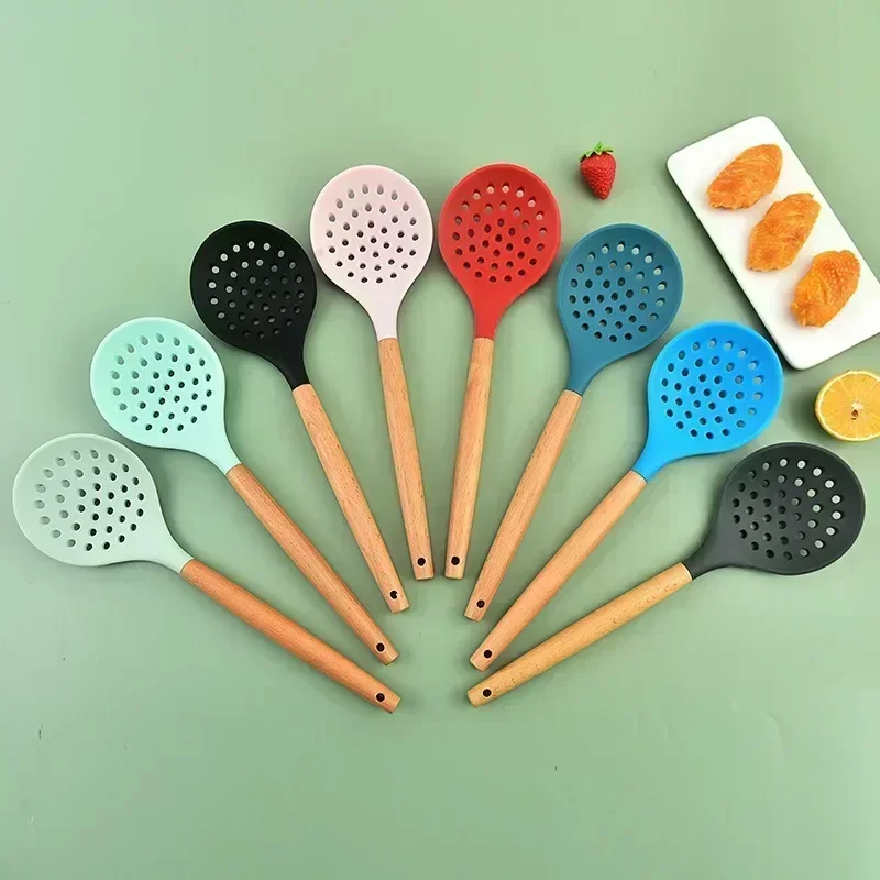 1Pcs Cooking Silicone Strainer Food Non-Stick Heat-Resistant Wooden Handle Colander Spoon Skimmer Strainer Cooking Kitchen Tools