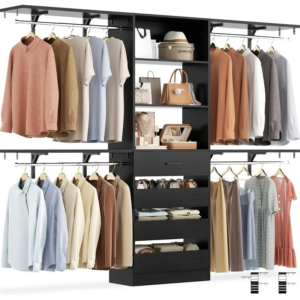 

8-Tier Wooden Closet Organizer System with Tower, 4-Rod Hanging Wardrobe Rack, Black