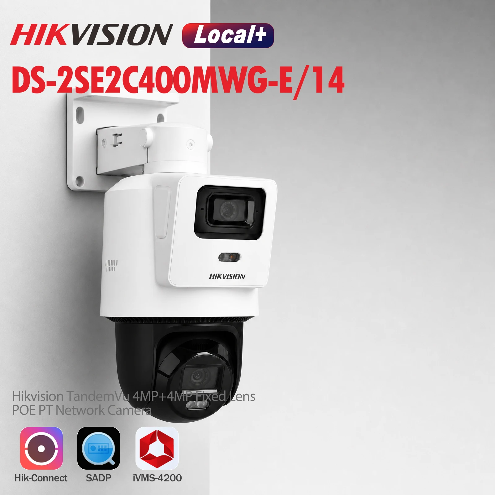 Hikvision DS-2SE2C400MWG-E/14 TandemVu Telecamera IP PT a doppia lente 4MP+4MP Panoramica e PT Doppio Canale con Illuminazione Ibrida Intelligente, Rilevamento Umano e Veicoli, Audio Bidirezionale,
