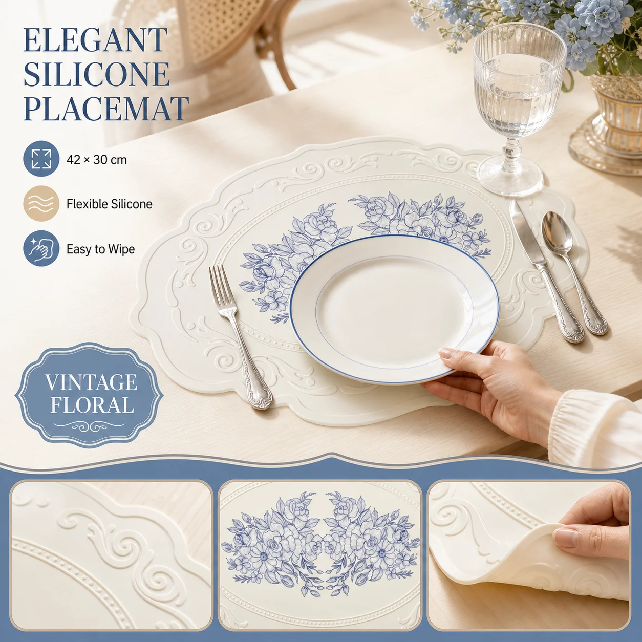 Geschnitzte Silikon-Tischunterlage mit Retro-Muster, Blumen-Tischset für Esstisch, Küchen-Kaffeetischunterlage, Wasserdichte Tischsets