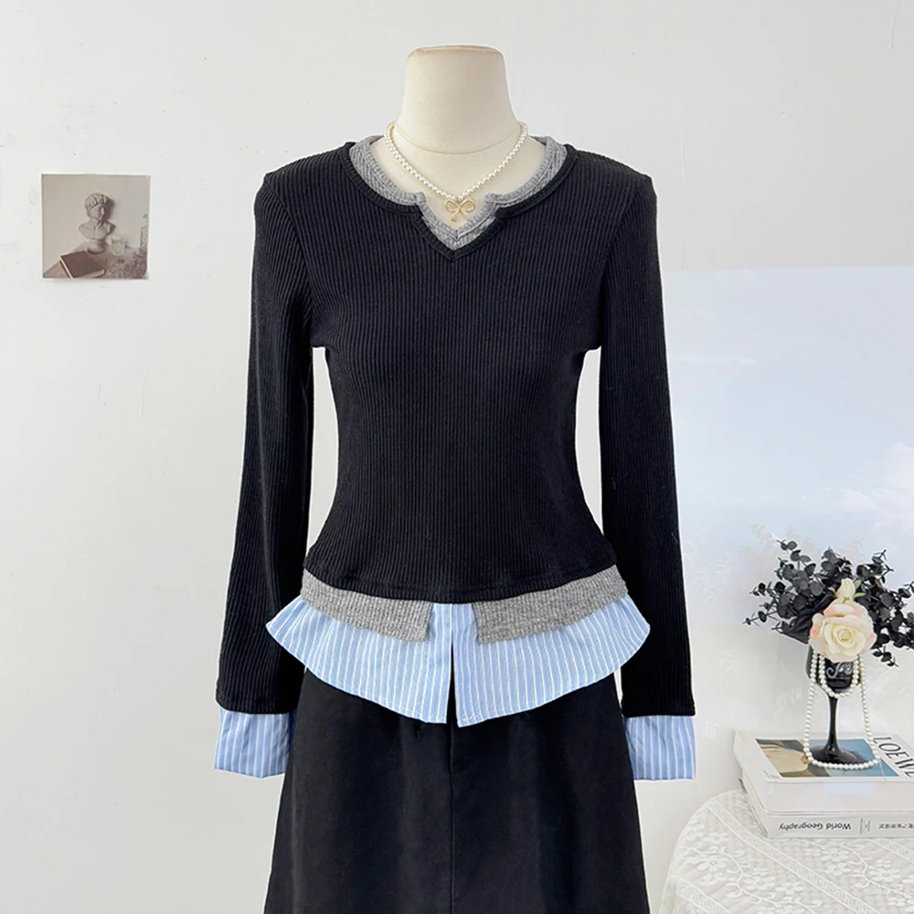 

V Neck False Two Piece Pullover Sweater Slimming Fit Knit Top Minimalist Pullover Sweater Sweet Design Womens Clothing Tops