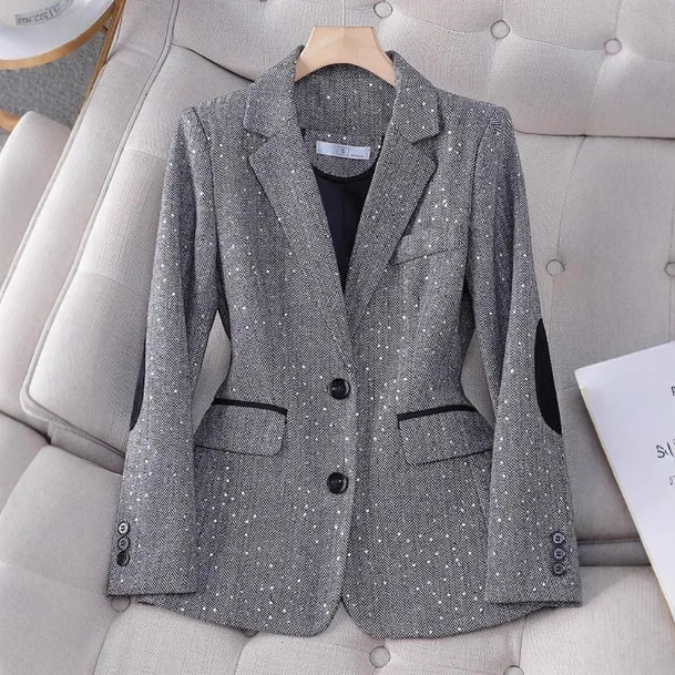

Office Lady Blazer Women'S Suit Sequins Shiny Single Breasted Jacket Coat Autumn Spring Femme Commuter Turn Down Collar Vintage
