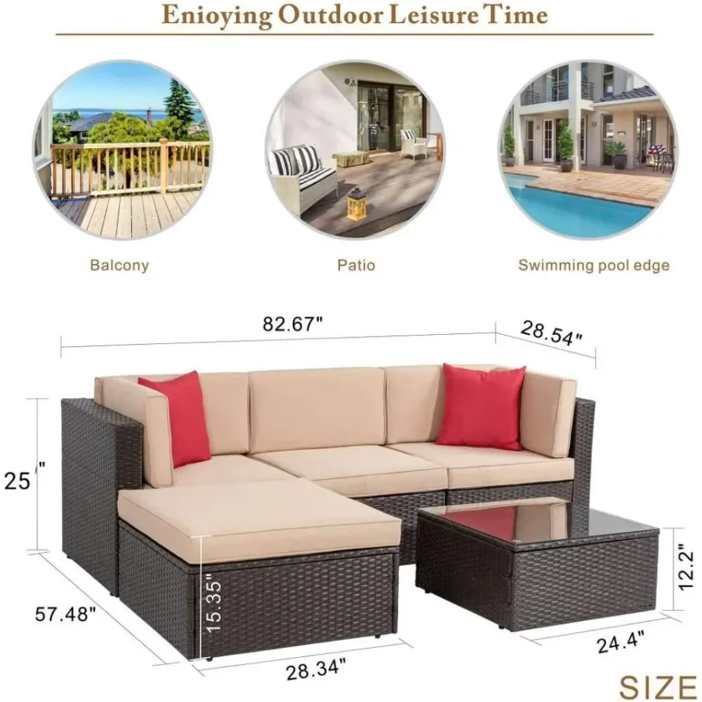 Xmsj Outdoor-Sofa garnitur, Schnitt garnitur mit Kissen und Tisch aus gehärtetem Glas, 5-teilige Outdoor-Gartens ofas ets