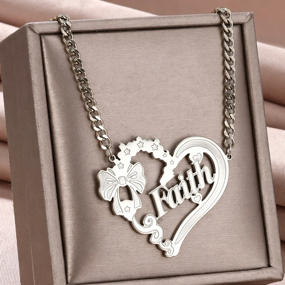 Custom Name Heart Bowknot Necklace Personalized Etched Nameplate Pendant Cuban Chain Necklace Stainless Steel Women Jewelry