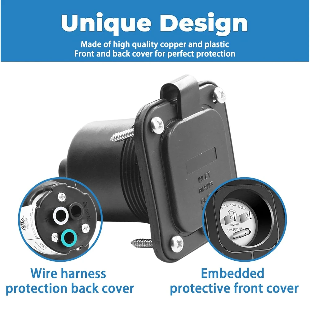 15 Amp Flanged Inlet 125V Shore Power Inlet Plug NEMA 5-15 RV Power Inlet with Waterproof and Back Cover for RV Marine Boat