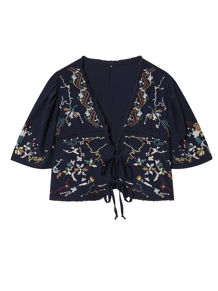 

Women Ethnic Embroidered Tie Front Blouses Flare Sleeve Open Front Shirts Boho Crochet Trim Casual Top