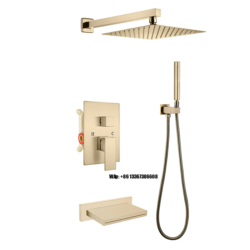 

Hot Selling Brushed Gold Luxury Shower Bath Faucet In-wall Rainfall Bathroom Shower Set 3 Ways Hot and Cold Water Shower System