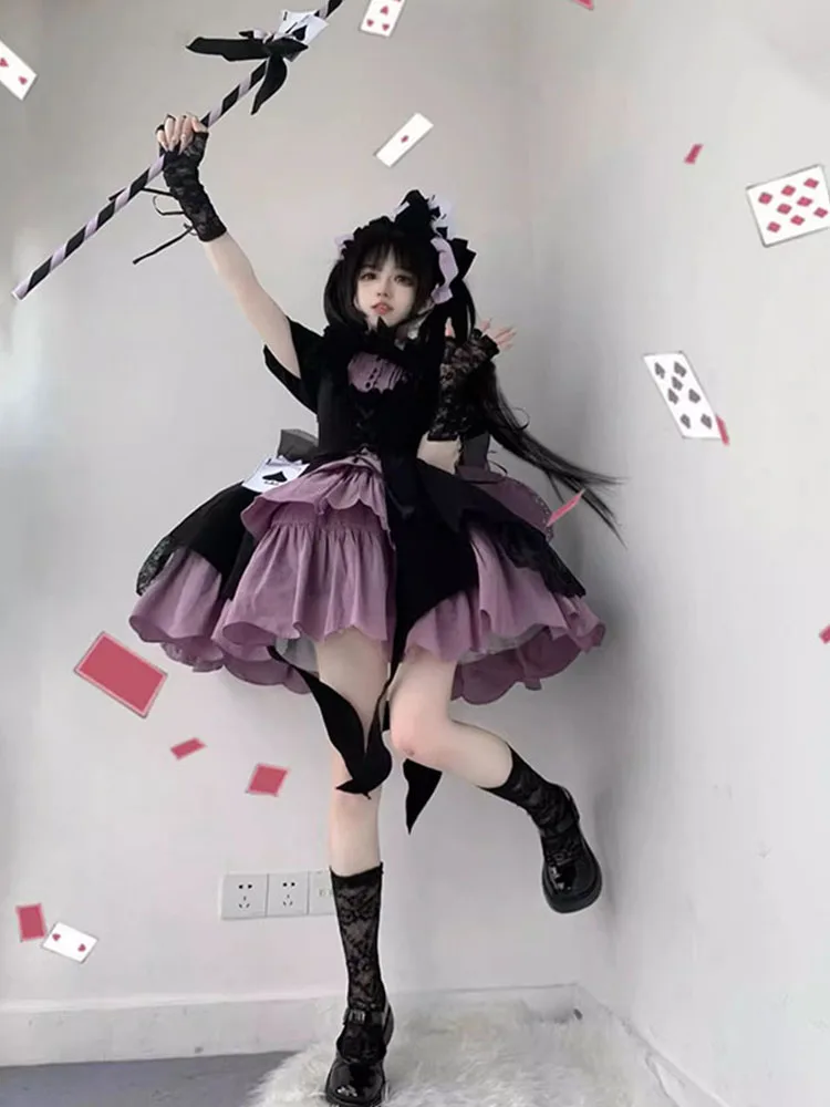 Black Purple Girl Lolita Dress Op High Waist Cute Puffy Trailing