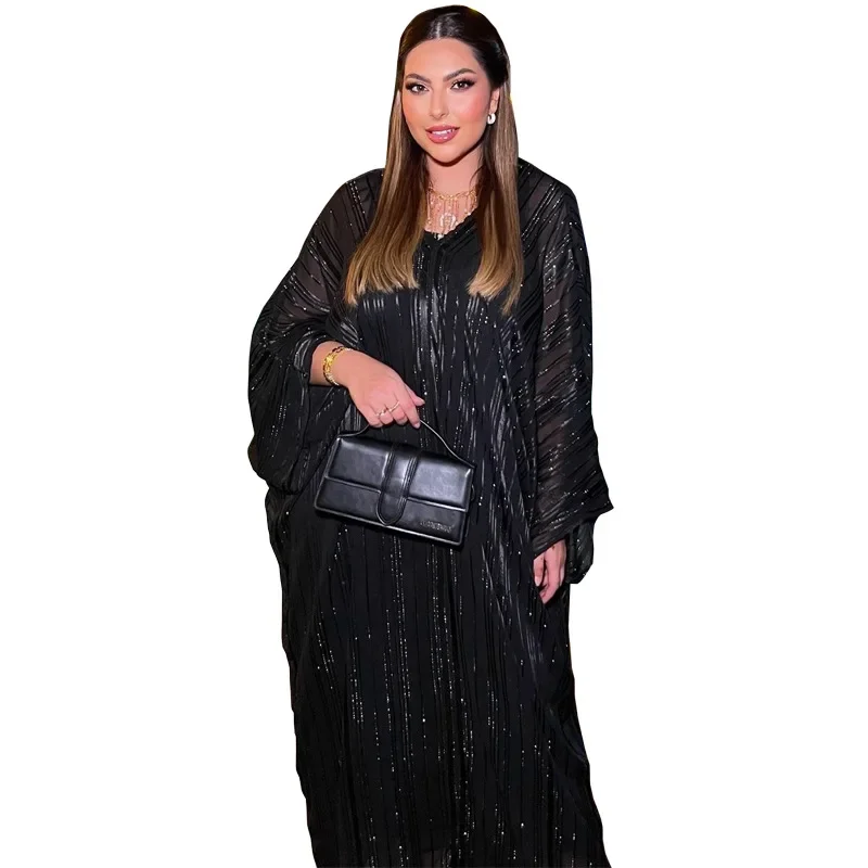 Batsleeve Loose Abaya for Women Muslim Ramadan Dress Solid Islam Clothing Women Dubai Kaftan Turkish Sparkly Muslim Set 2-piece